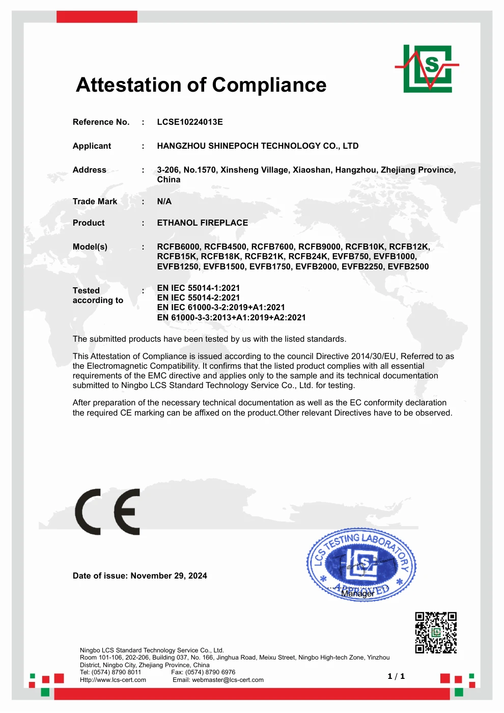 LCS EMC attestation LCSE10224013E for the listed ethanol fireplace models