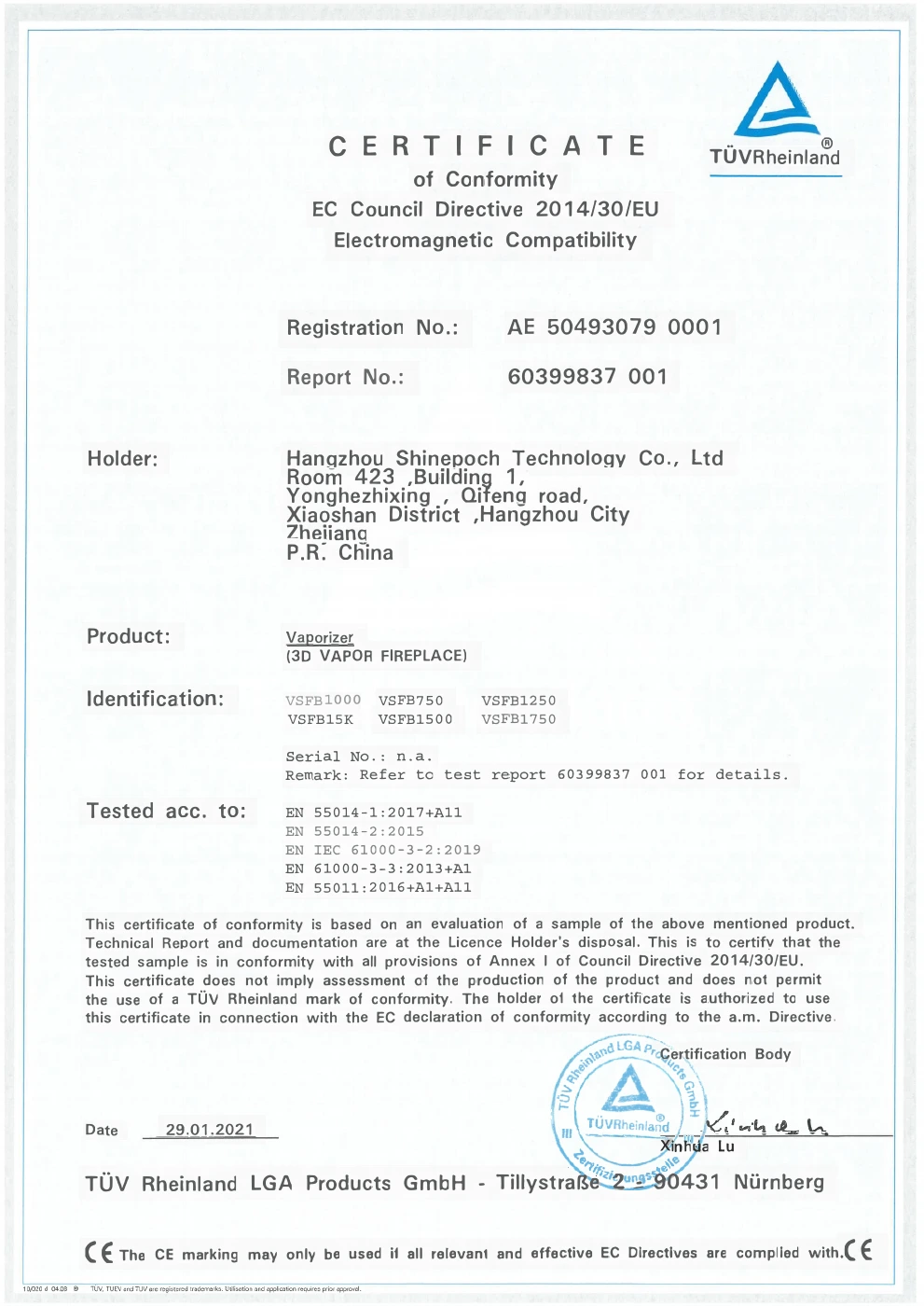 First page of the VSFB EMC certificate AE 50493079 0001 issued by TUV Rheinland