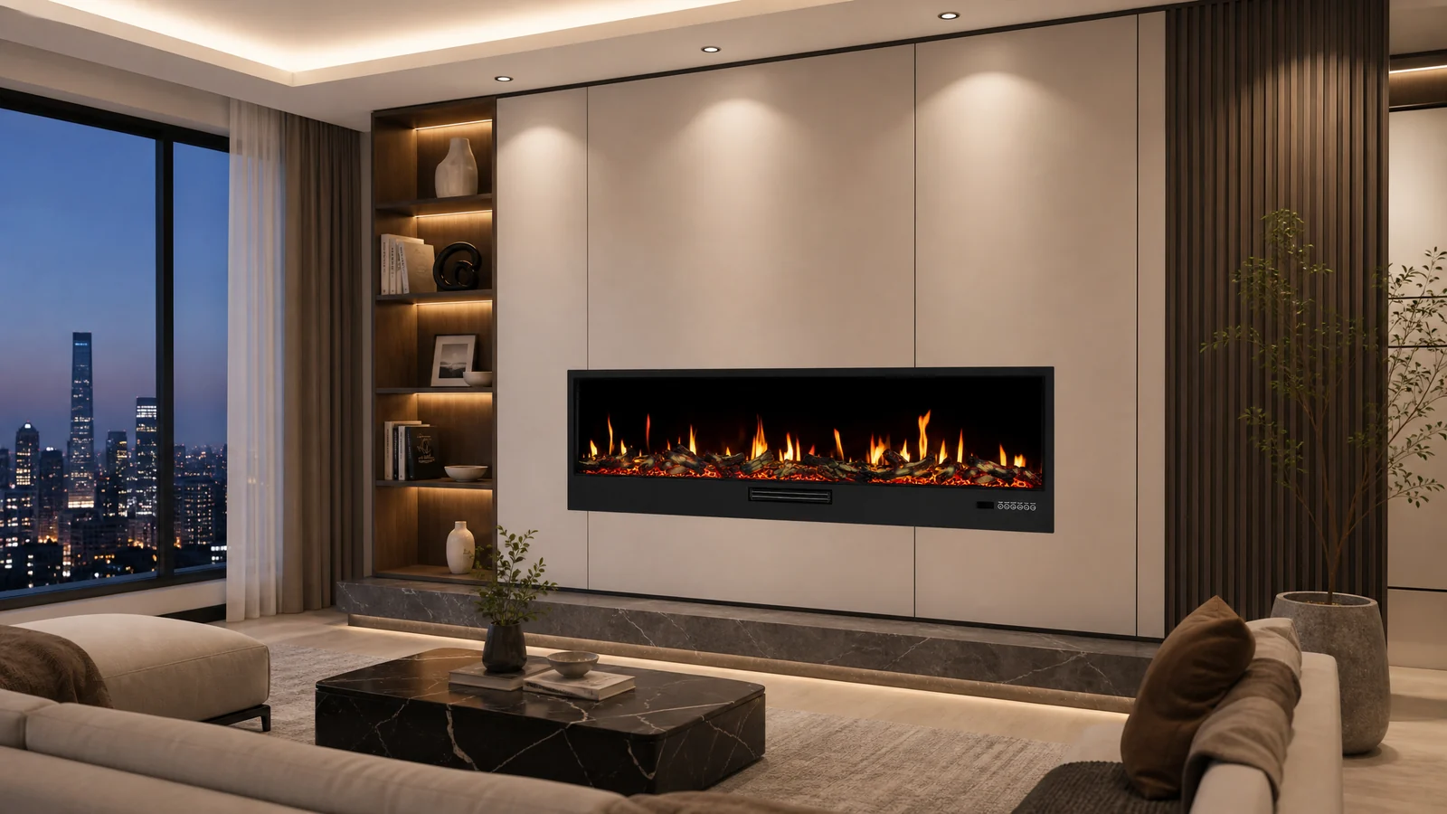 SEFIRE 4D holographic electric fireplace installed in a modern apartment living room