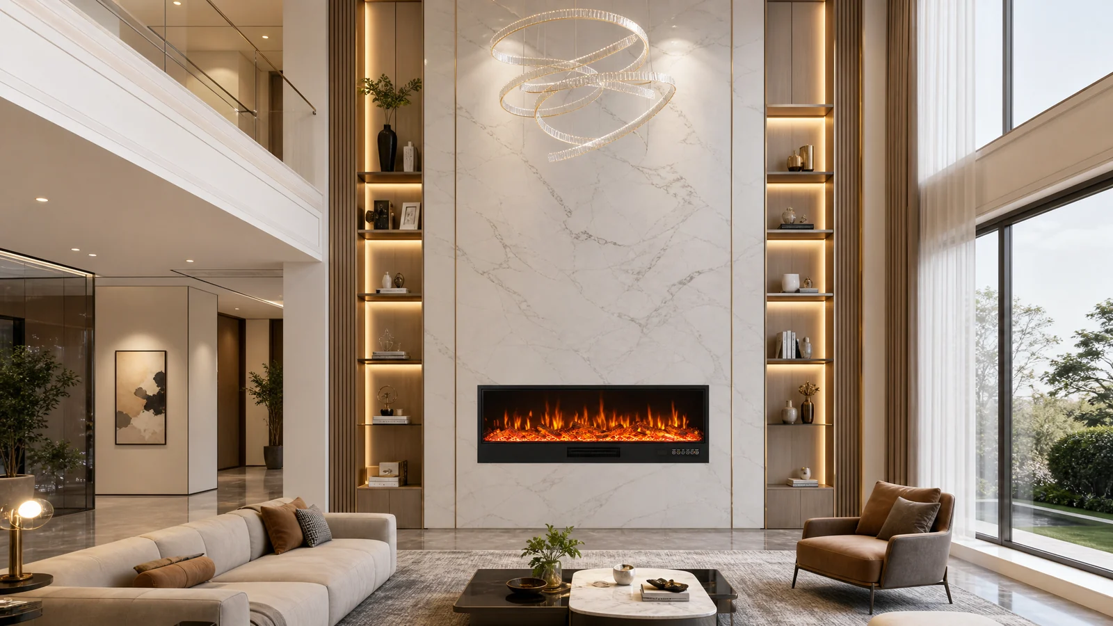 SEFIRE 4D holographic electric fireplace installed in a double-height villa living room