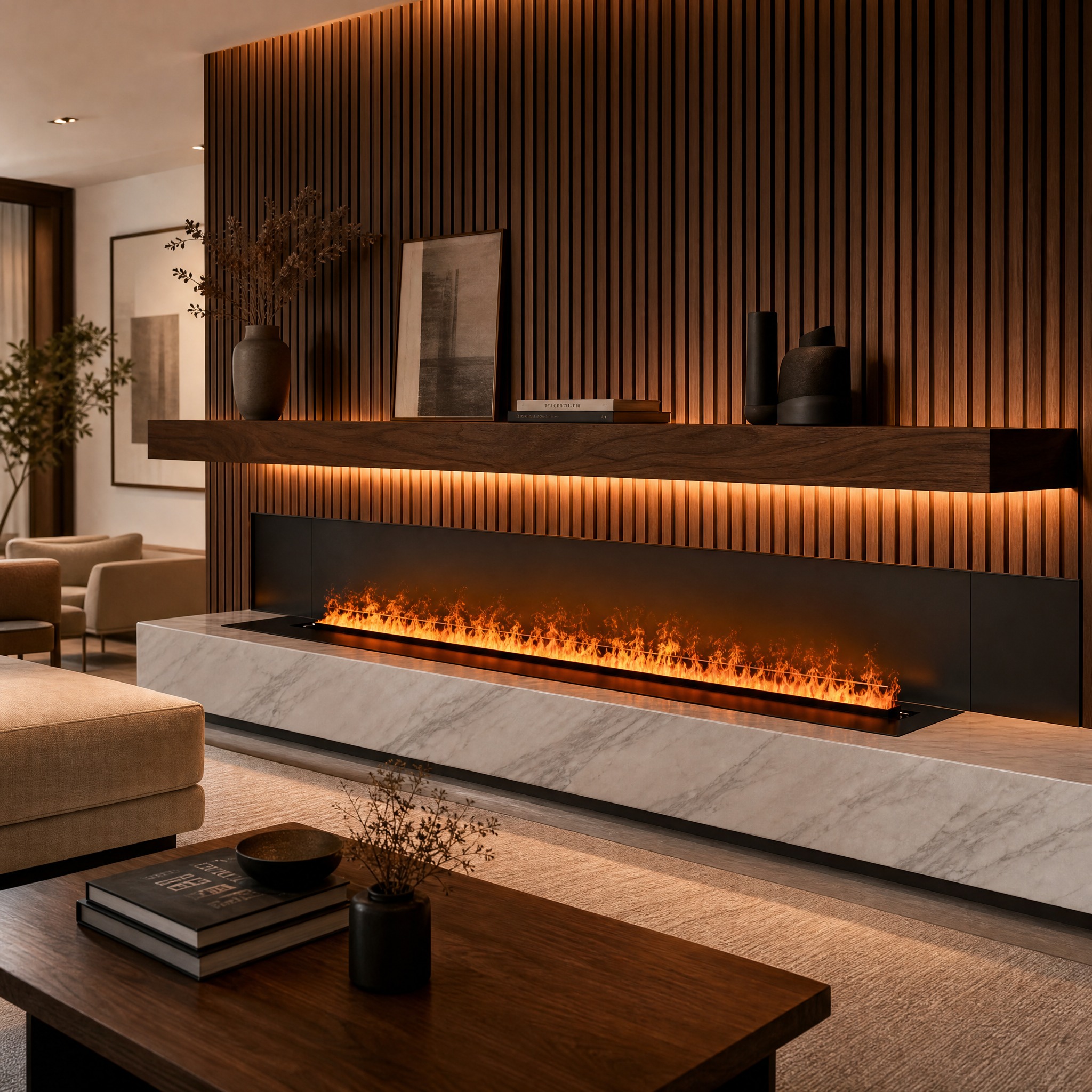 SEFIRE Deluxe 3D water vapor fireplace installed in a modern luxury living room