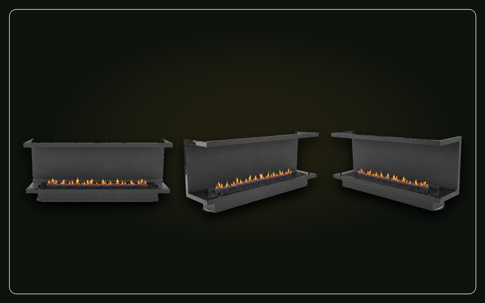 Three views of a SEFIRE three-sided bay fireplace firebox