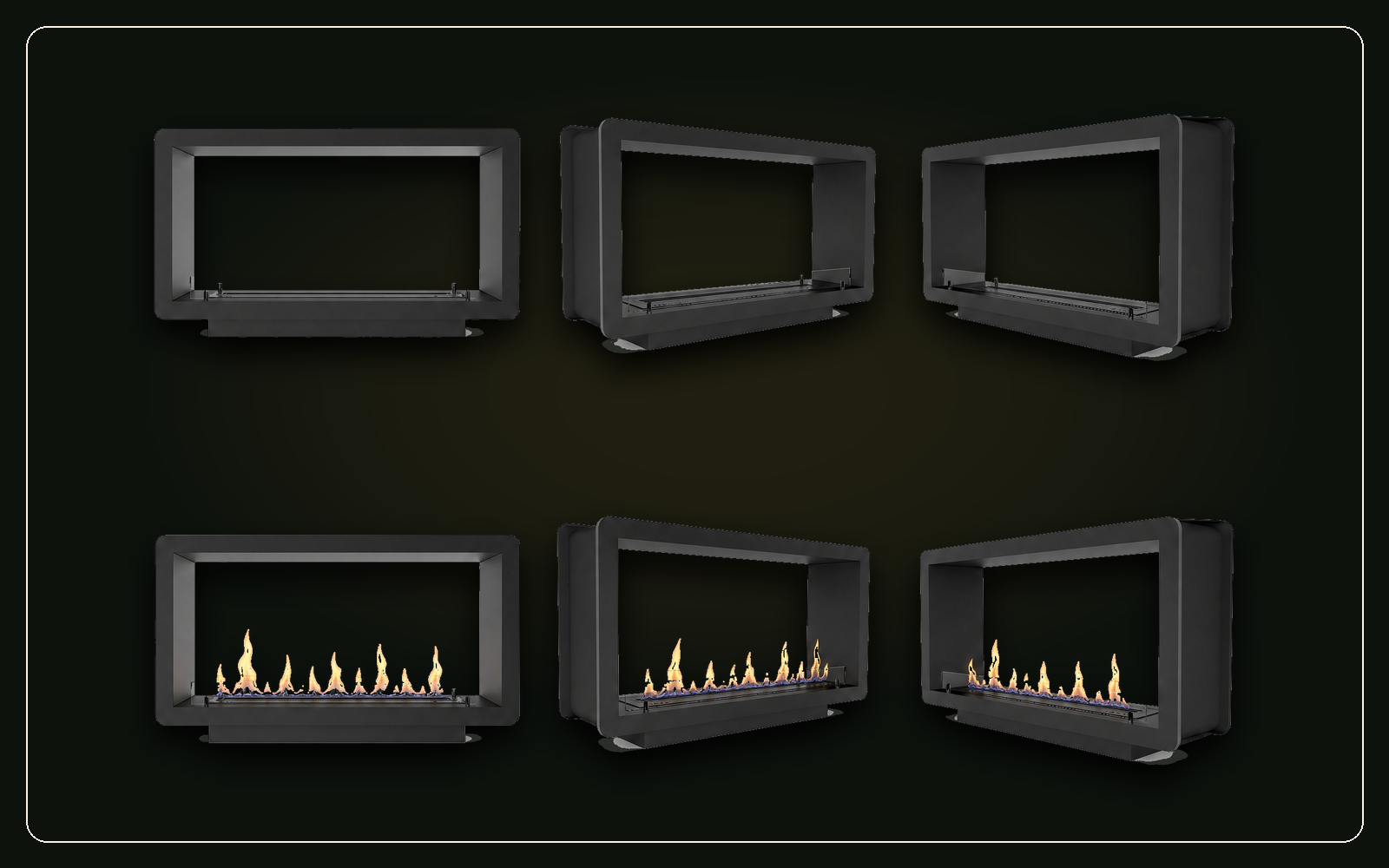 Six views of SEFIRE double-sided see-through fireplace fireboxes