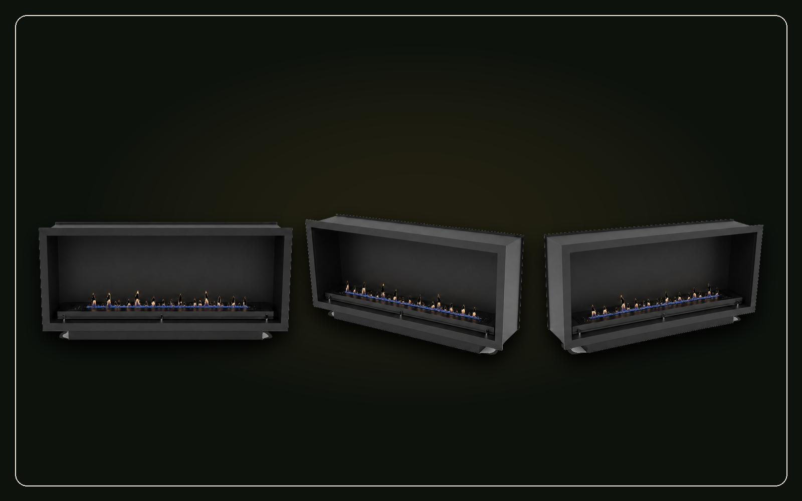 Three views of a SEFIRE single-sided front-facing fireplace firebox