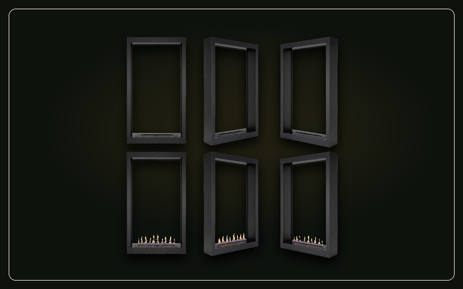Six views of tall vertical see-through SEFIRE fireplace fireboxes