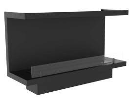 Black see-through fireplace insert frame with a linear burner opening and glass sides