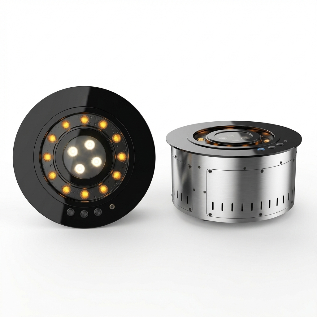 Black PVD SEFIRE ODVF350 compact round outdoor water vapor fireplace