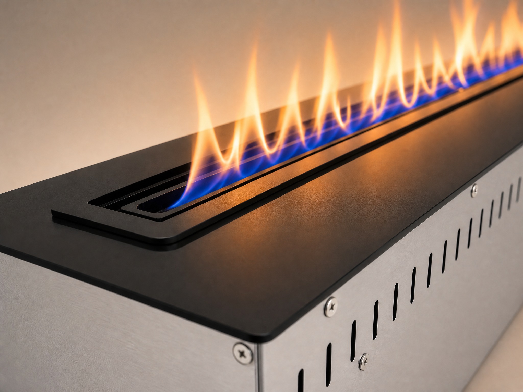Close view of a linear real flame on a built-in smart ethanol burner