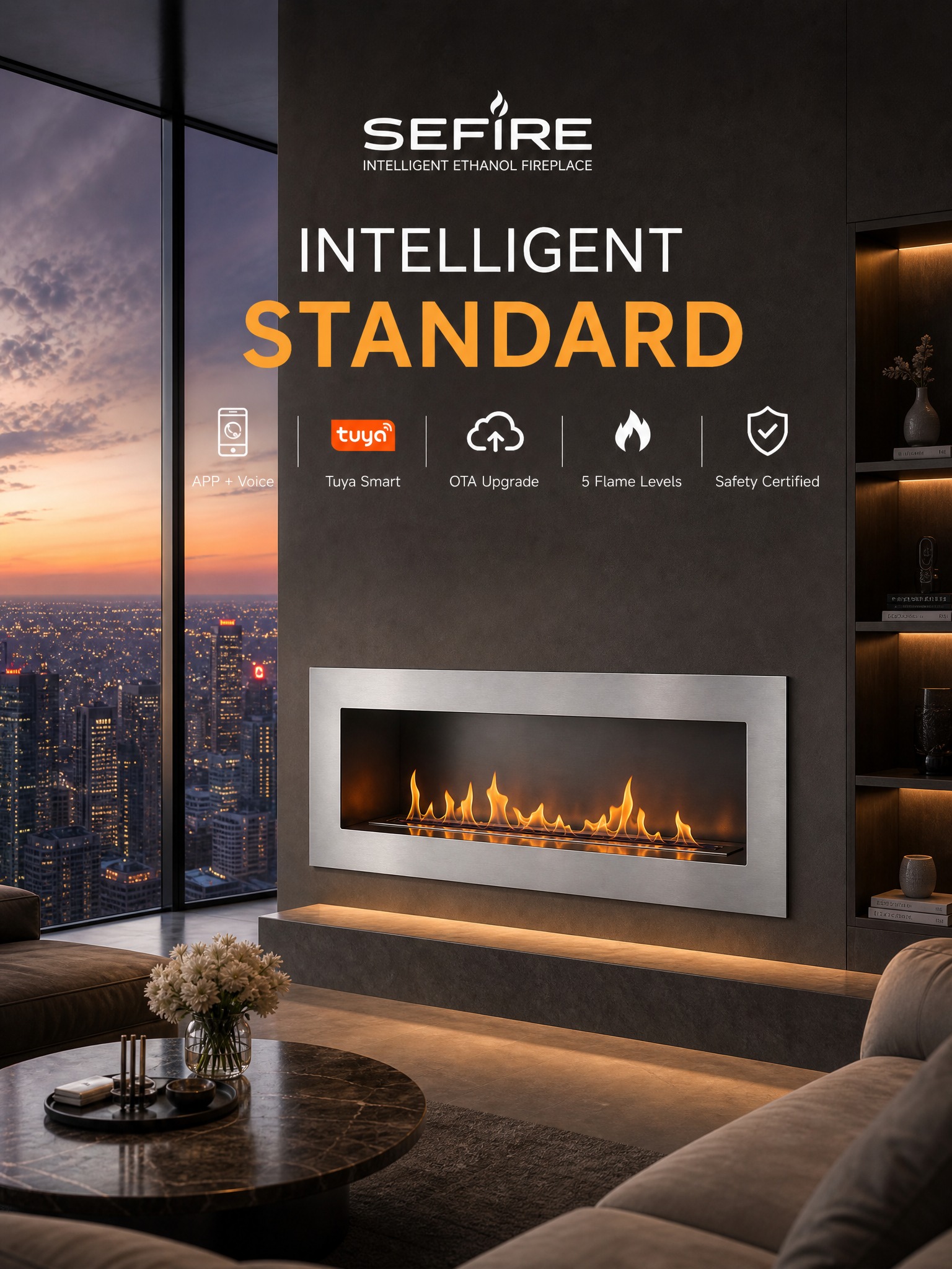 Eingebauter intelligenter Ethanol-Kamin mit echter linearer Flamme