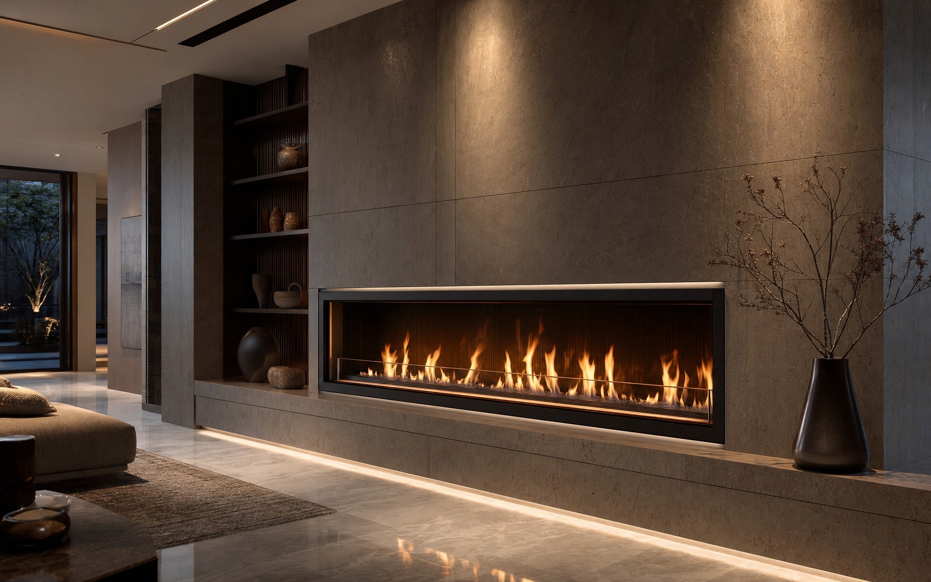 Long linear ethanol fireplace installed in a dark stone feature wall as an SEMB manual burner application concept