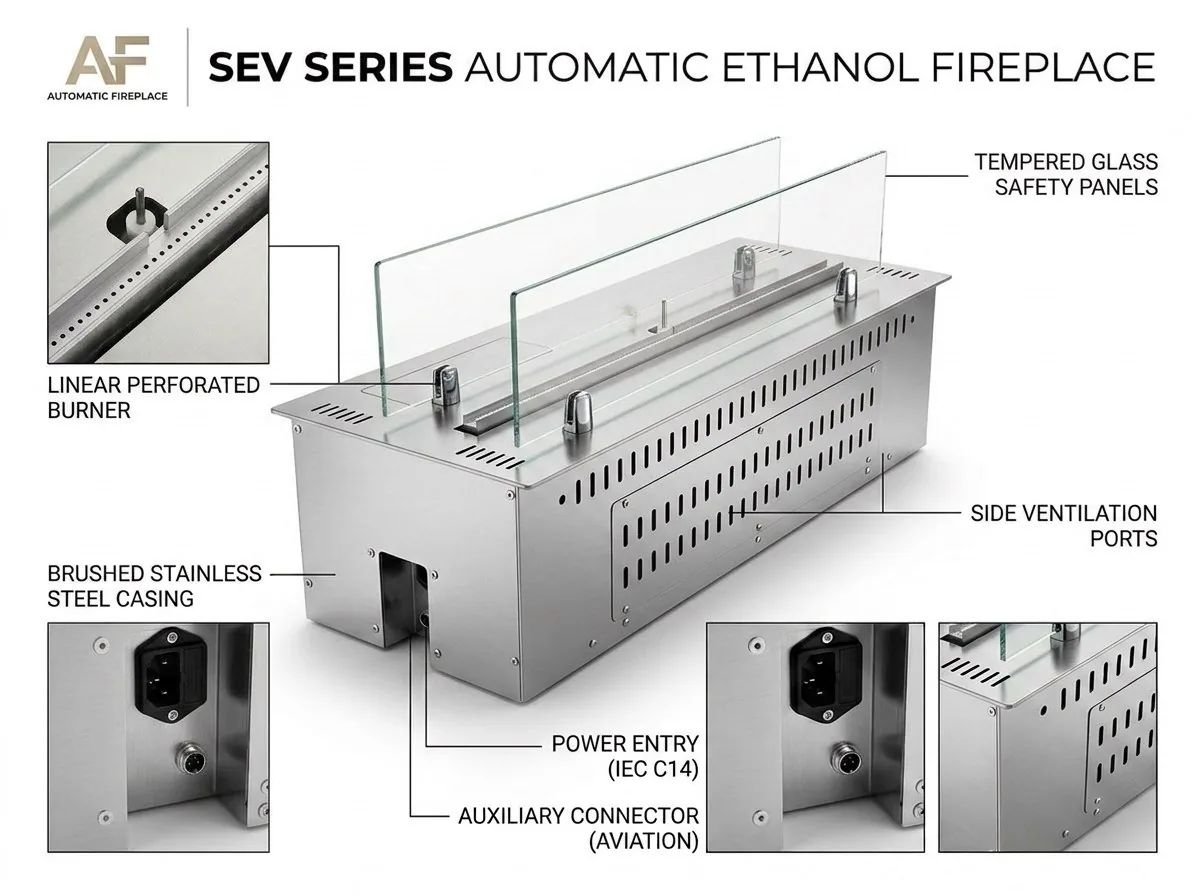 SEV automatic ethanol fireplace component layout with glass panels, linear burner, casing, ventilation ports, power entry and auxiliary connector