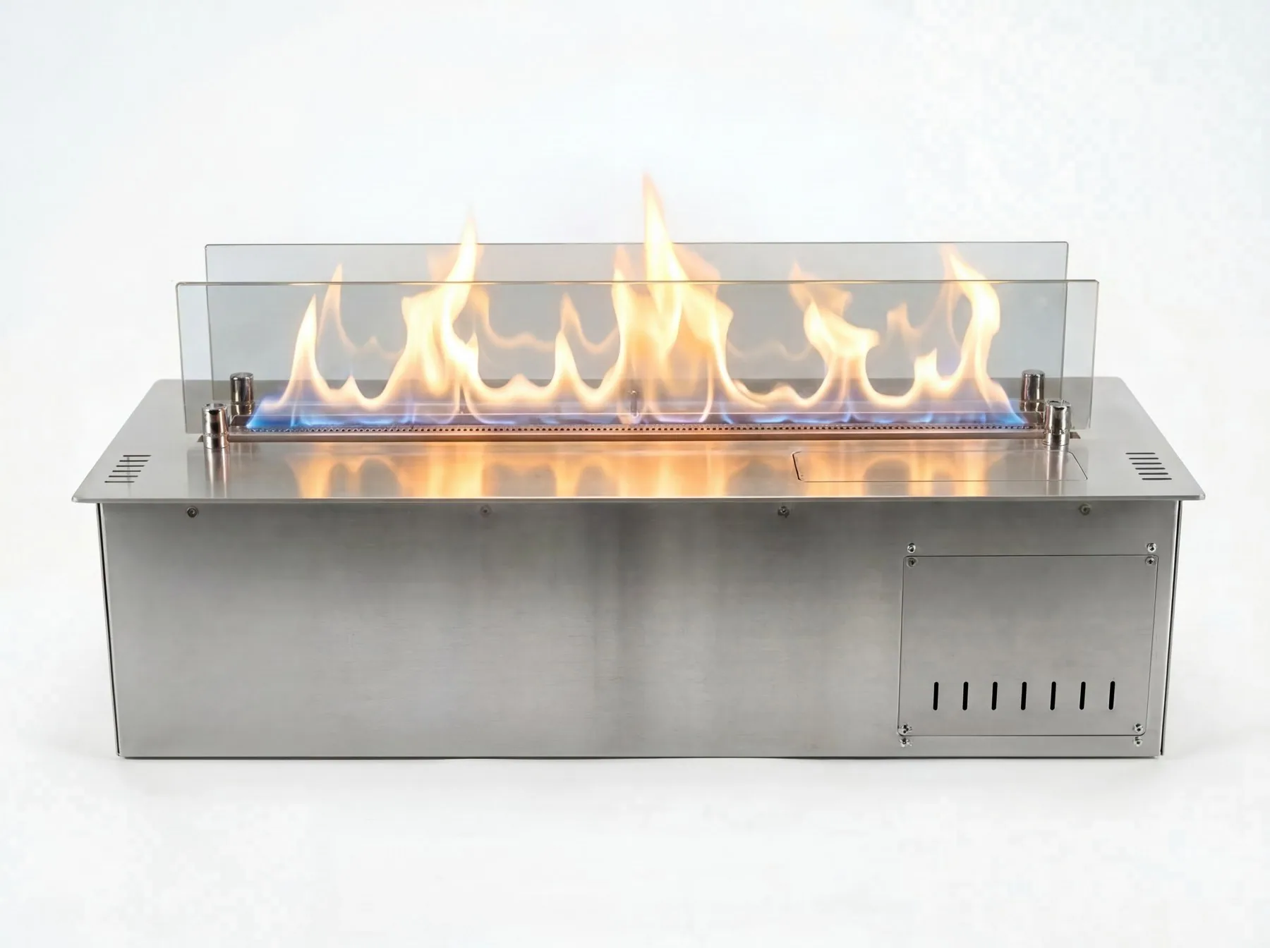 SEV smart ethanol vapor fireplace operating with a real flame behind tempered glass